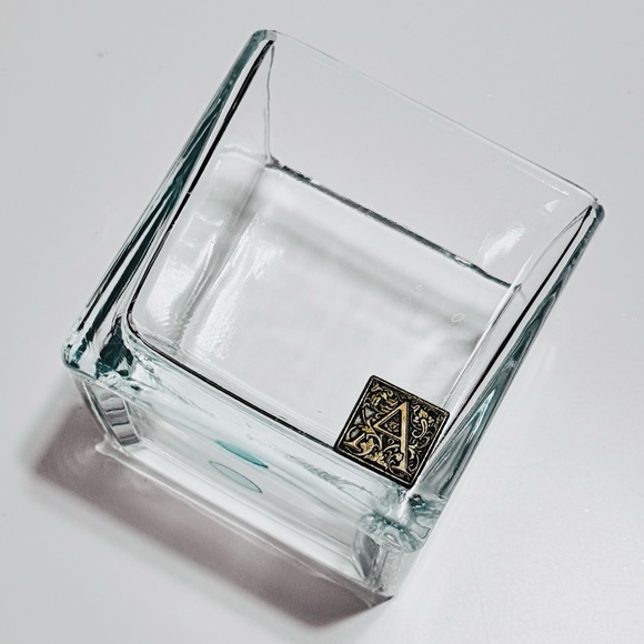AROMATIQUE 4” Clear Glass Square Vase w Gold “A” - Makeup Brush or Pen Holder - Picture 2 of 7